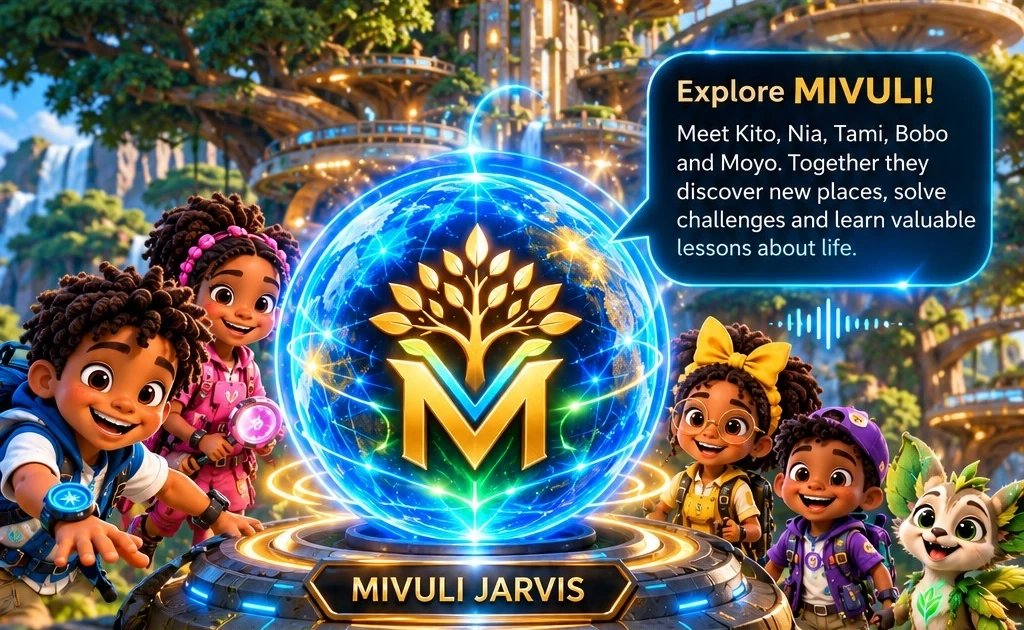 Kito, Nia, Tami, Bobo and Moyo with the glowing MIVULI JARVIS at the Great Mivuli Tree, and the Explore MIVULI speech bubble